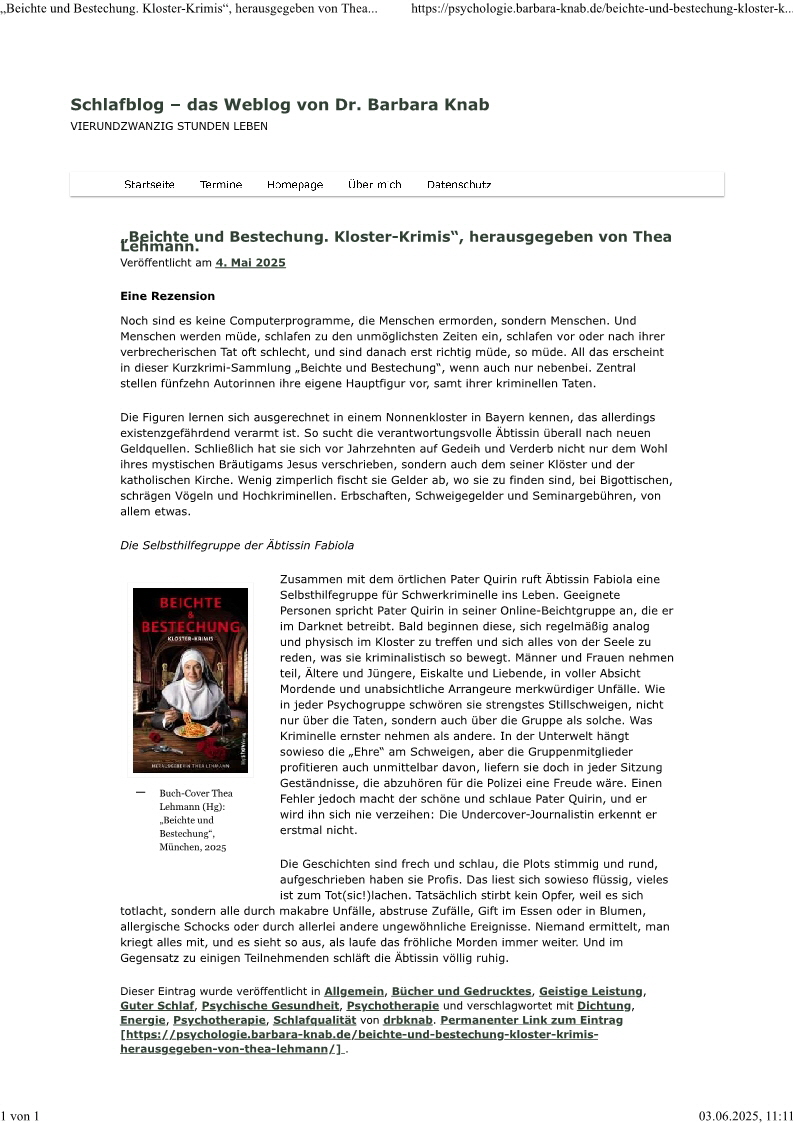 Schlafblog - Weblog von Dr. Barbara Knab - "Beichte und Bestechung", herausgegeben von Thea Lehmann Schlafblog - Weblog von Dr. Barbara Knab - "Beichte und Bestechung", herausgegeben von Thea Lehmann